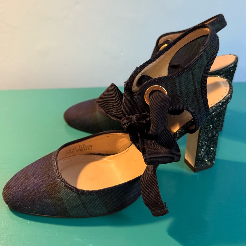 J. Crew Avery Watch Tartan Women's Ankle Tie Glitter Heels Size 6